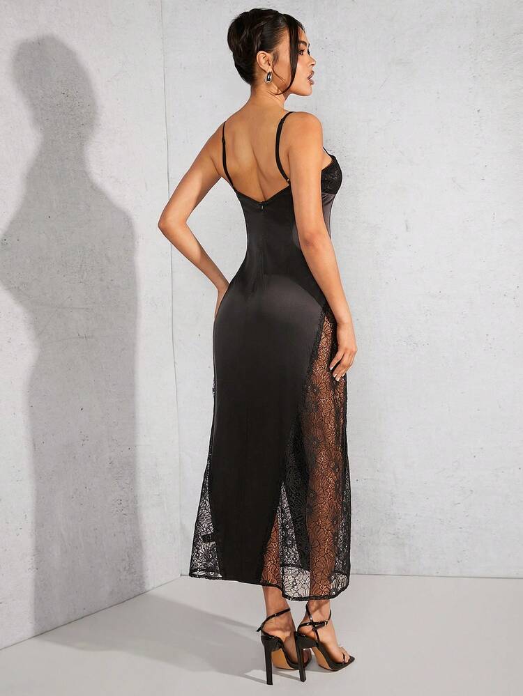 Lace Sheer Panel Satin Elegant Cami Dress