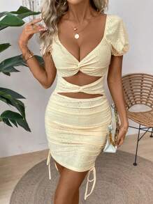 SHEIN Allurite Women Twist Knot Hollow Out Short Bubble Sleeve Jacquard Knitted Dress