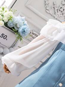 SHEIN 少女心連心單品粉色荷葉邊背帶高腰連衣裙 - 淺藍色 - 查看 3