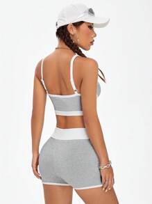 SHEIN EZwear 撞色飾邊吊帶短版上衣和短褲套裝 - 灰色 - 查看 2