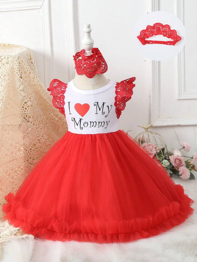 Baby Girl Mother Day Printed Knit Tulle Multi-Layered Formal Dress