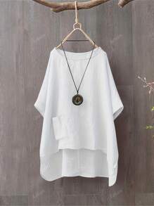 Women's Plain Asymmetrical Round Neck Shirt With Pocket