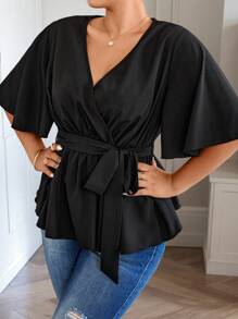 Calvaya 大尺碼女性夏季純色重疊V領設計荷葉邊短袖寬鬆休閒襯衫 - 黑色 - 查看 4