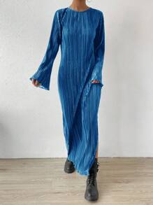 SHEIN Essnce 春季休闲纯色纹理长袖侧开衩连衣裙 - 寶藍色 - 查看 3