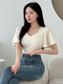 DAZY Áo thun nữ mùa hè cổ chữ V tay bèo nhún màu trơn họa tiết, áo crop top nữ - trắng - Xem 7