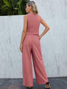 SHEIN LUNE Women Summer Solid Color Single-Breasted Vest And Loose Casual Pants Two-Piece Set With Pockets - Dusty Pink - View 2