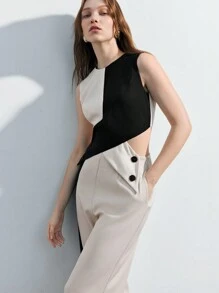 Maija Summer Sleeveless Contrast Color Round Neck Tank Top & Straight Leg Pants 2pcs/Set