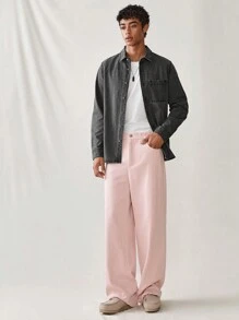 Manfinity RebelGame Pantaloni casual țesuți cu picioare largi pentru bărbați, cu culoare uni și buzunare
