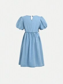 Tween Girl Light Wash Soft Lyocell Puff-Sleeved Denim Dress - Light Wash - View 2