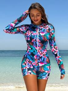 Swim SPRTY Traje de baño de una pieza con estampado tropical para mujer - Multicolor - Ver 1