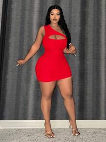 Slaydiva Plus Size Elegant And Casual Cutout One-Shoulder Bodycon Mini Dress With Ribbed Texture