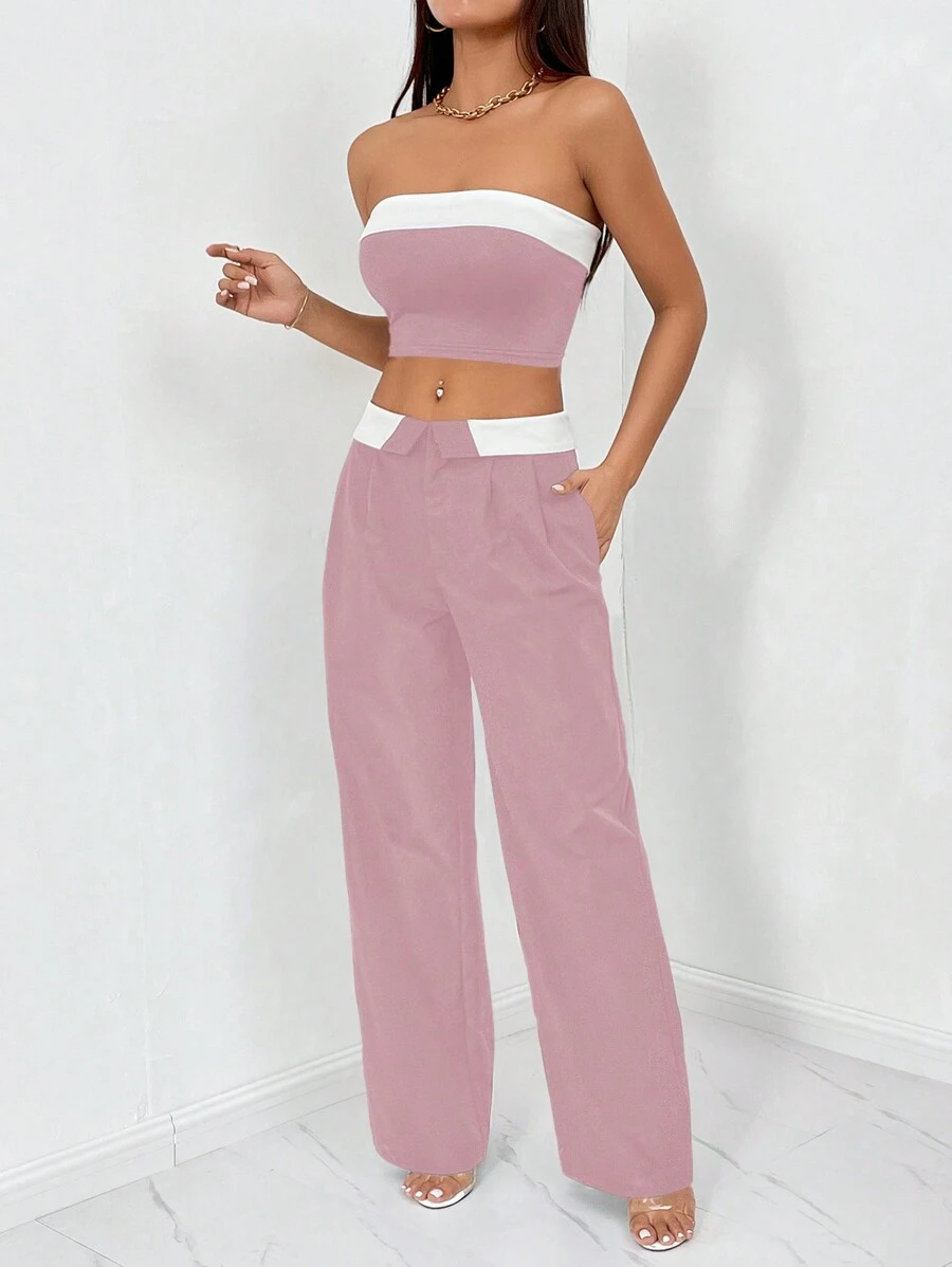 SHEIN Privé 女性彩塊無肩帶短上衣和長褲套裝，適合夏季 - 粉色 - 查看 1