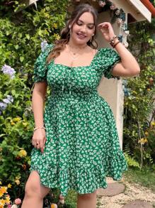 Dreamara WYWH 经典绿色碎花印花打结泡泡袖大码夏季乡村风格连衣裙 - 綠色 - 查看 6