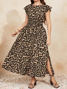 SHEIN LUNE Plus Size Summer Holiday Leopard Print Floral Dress With Ruffle Hem And High Front Slit - Multicolor - View 3