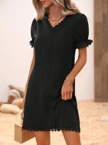 SHEIN LUNE Solid Color V-Neck Lace Spliced Puff Sleeve Dress - Black - View 5