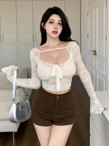 DAZY Women Spring Summer Sexy Solid Color Hollow Out Slim Fit Trumpet Sleeve Crop See Through Lace Shirt Sheer Long Sleeve Women Tops Going Out Tops - Beige - View 7