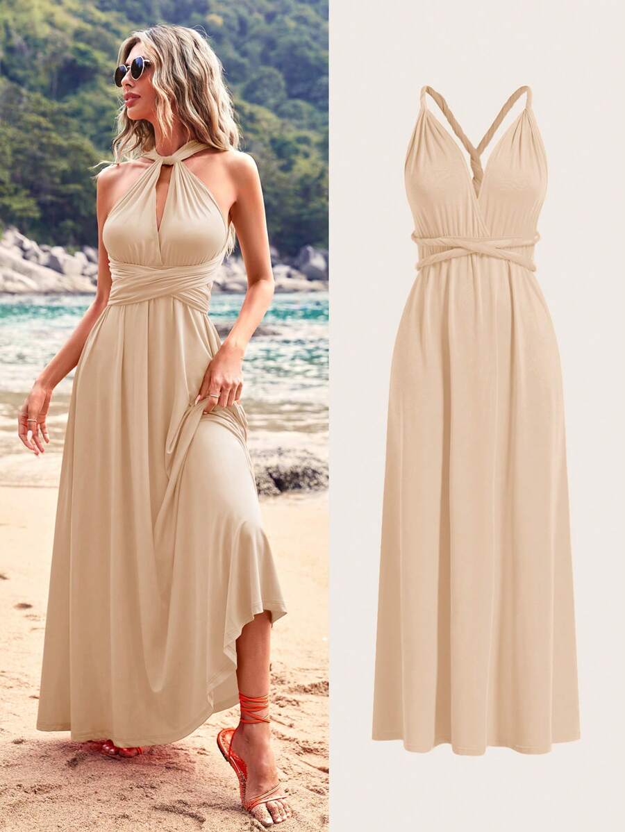 SHEIN VCAY 假期女士純色中空腰部交叉雙肩頸長裙 - 卡其色 - 查看 1