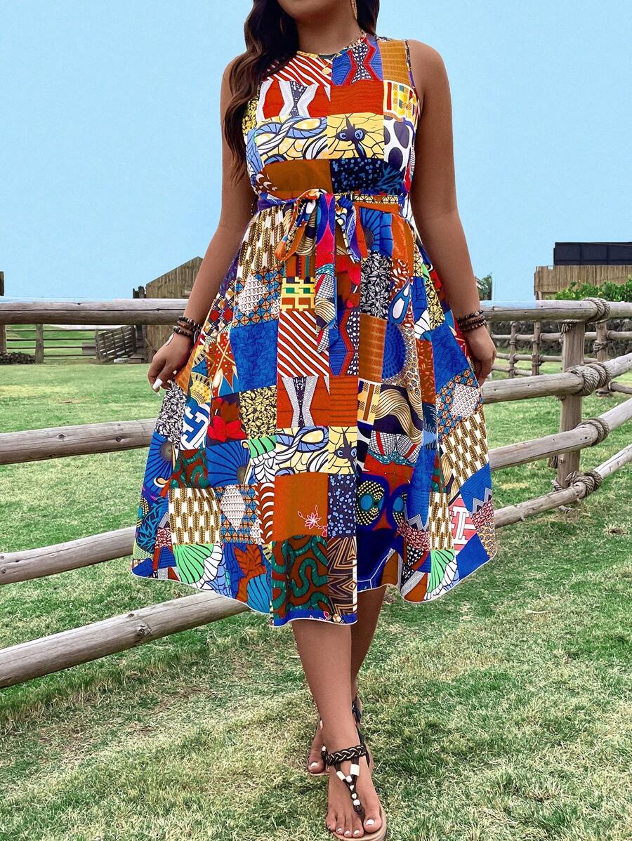 SHEIN Holidaya Plus Size Nữ Phong Cách Kỳ Nghỉ Mùa Hè Chắp Vá In Cổ Tròn Không Tay Thường Ngày - Nhiều màu - Xem 1