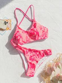 SHEIN Swim مجموعة بيكيني مكونة من قطعتين بطبعة زهور عشوائية لعطلة على الشاطئ، الصيف على الشاطئ