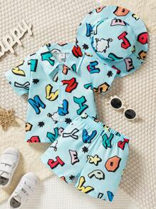 Ensemble de 3 pièces à la mode de style de rue avec impression de lettres (chemise, pantalon et chapeau seau) pour bébé garçons - Multicolore - Voir 1