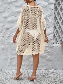 SHEIN Swim Women Solid Color Hollow Out V-Neck Batwing Short Sleeve Loose Cover-Up Dress For Vacation,Summer Beach - Apricot - View 2