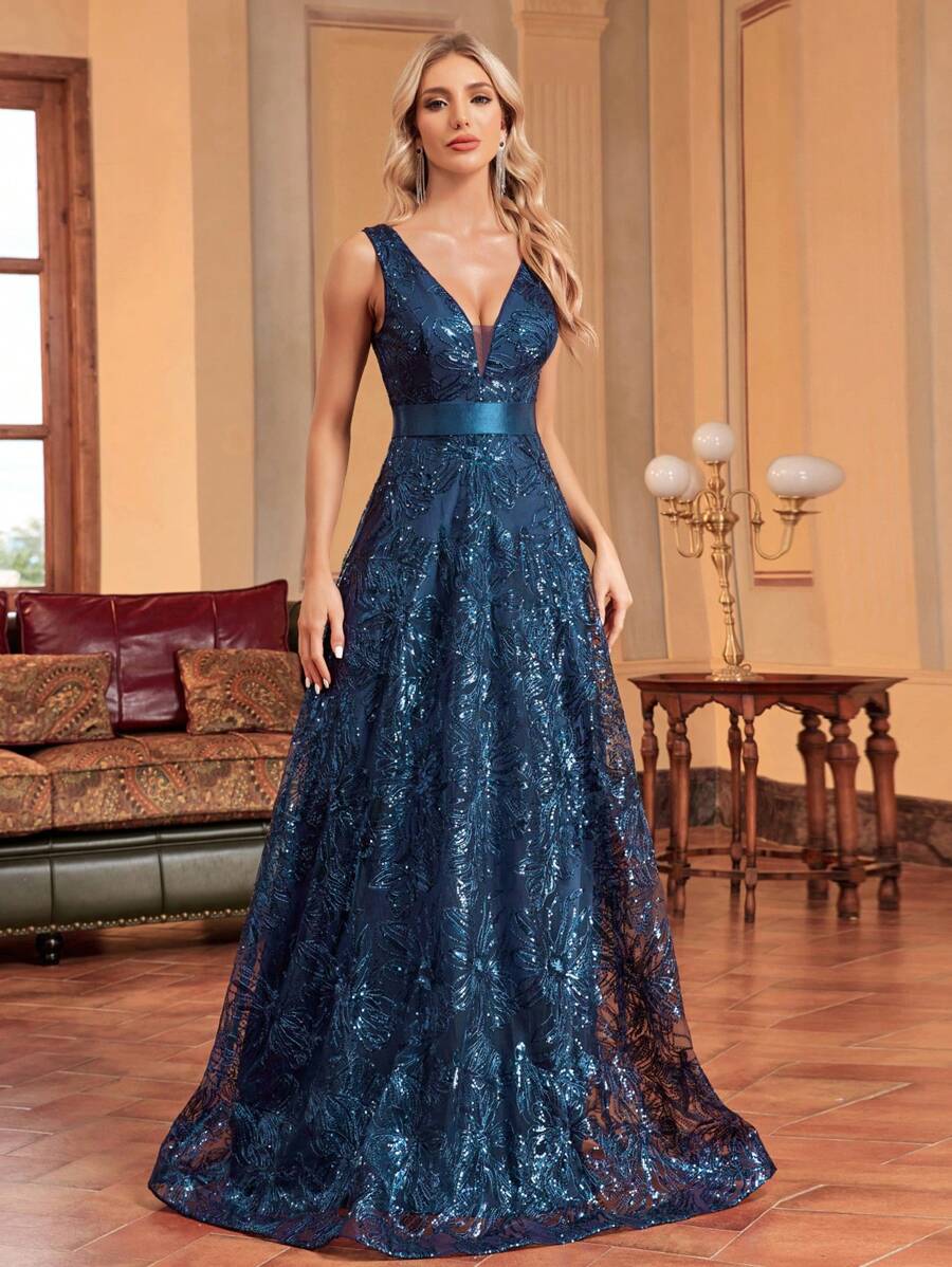 XUIBOL Women's Sequin Embroidered Fitted V-Neck Sleeveless Maxi Formal Dinner Party Gown Dress (Heavy Handwork) Wedding Guest Dress Evening Dress - Màu xanh ngọc - Xem 1