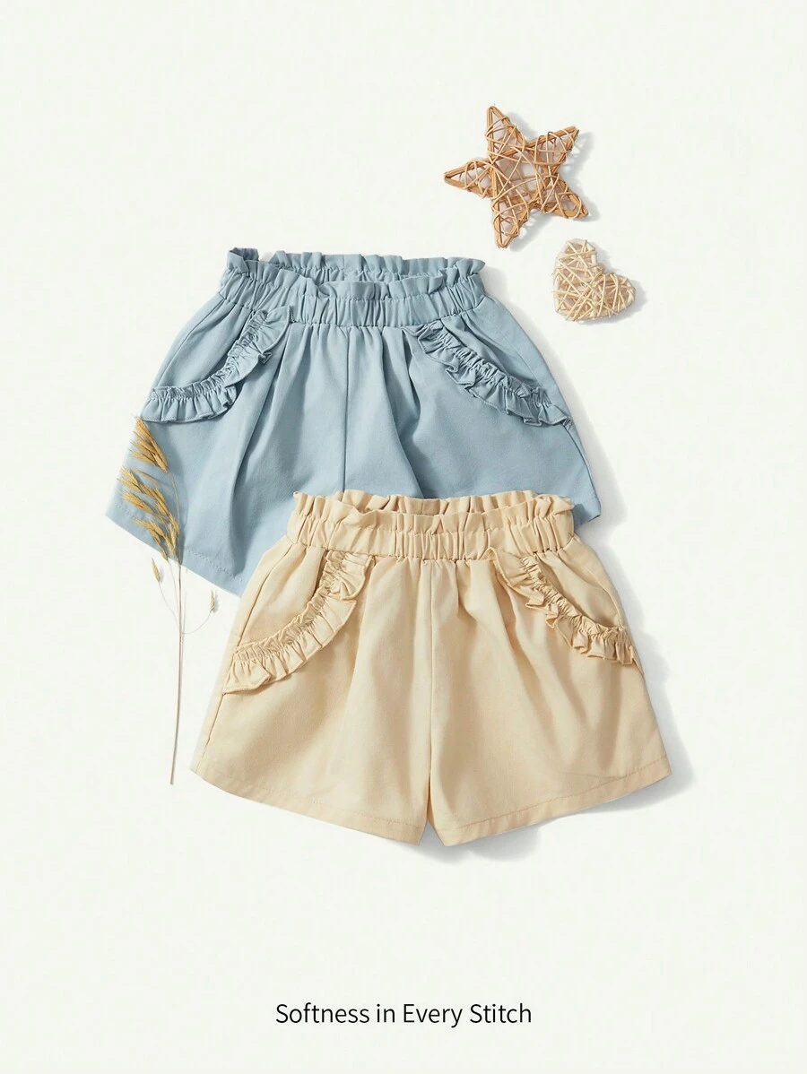 Cozy Pixies 嬰兒女寶寶實色荷葉邊彈性腰休閒短褲2件套裝 - 藍色 - 查看 1