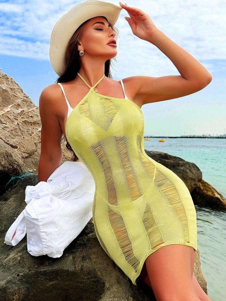 Women Summer Hollow Out Solid Backless Halter Neck Cover-Up Dress For Vacation