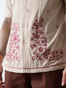 Forever 21 Men's Camp Collar Summer Linen-Blend Embroidered Shirt - Khaki - View 2
