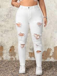 SHEIN ICON Plus Size Đau khổ Màu trơn Đơn giản Hàng ngày Tối giản Quần jean phù hợp - trắng - Xem 1