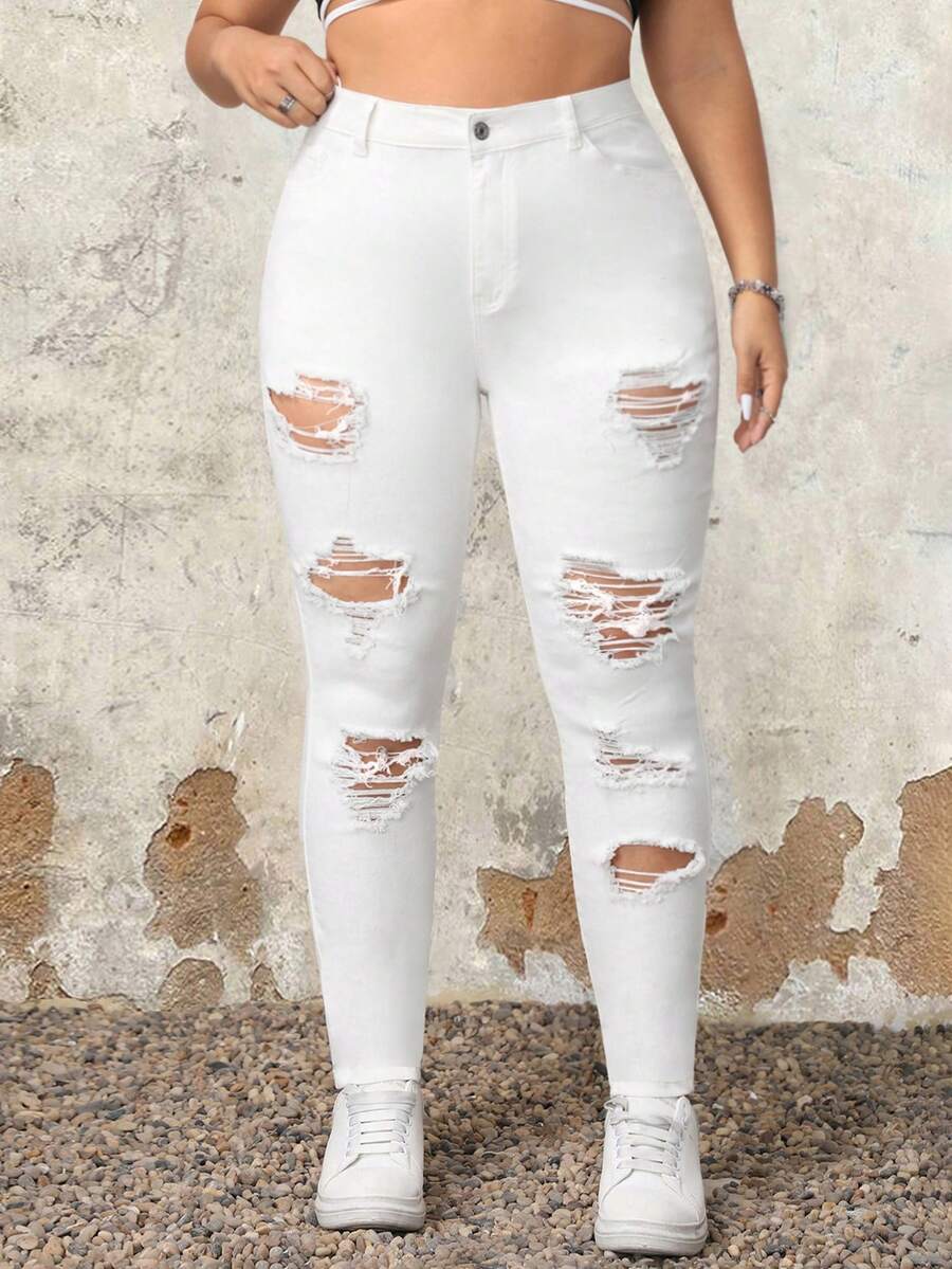 SHEIN ICON Plus Size Đau khổ Màu trơn Đơn giản Hàng ngày Tối giản Quần jean phù hợp - trắng - Xem 1