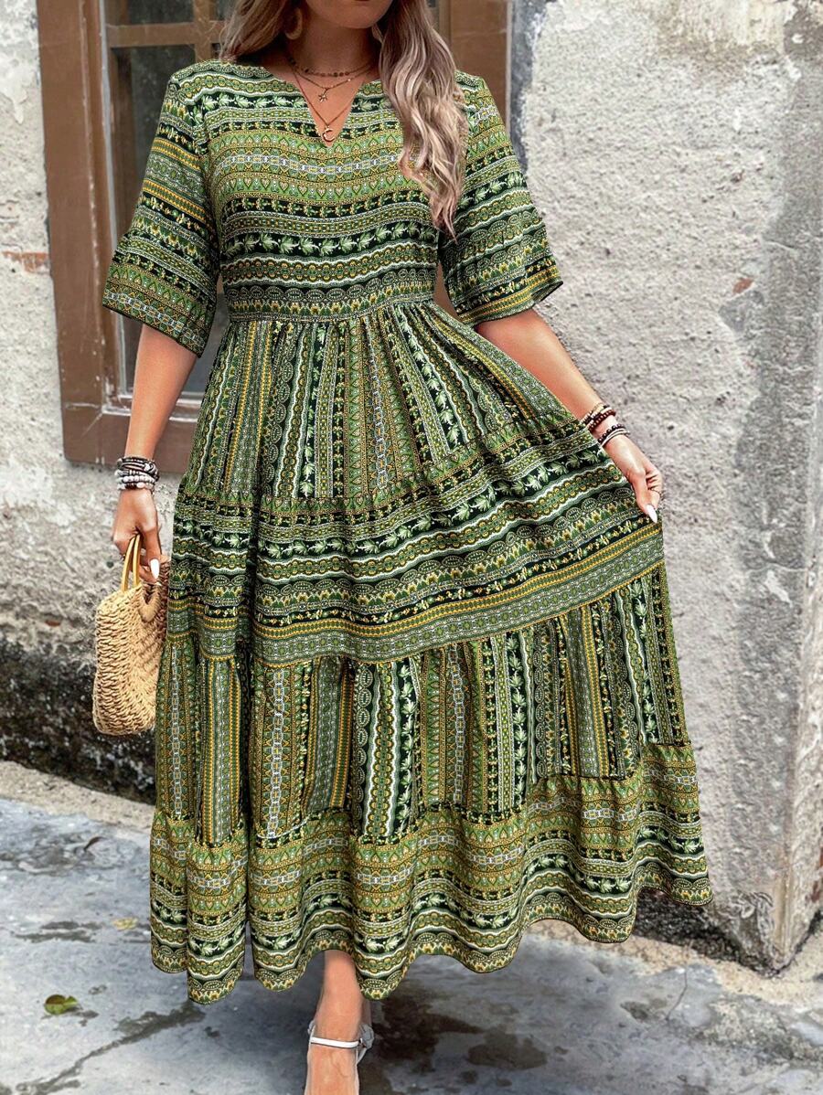 EMERY ROSE Plus Size Vintage Print Notched Neckline Pleated Dress For Vacation And Casual Outings For Summer - Army Green - View 1