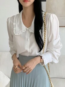 DAZY Peter Pan Collar Loose Fit Open Front Long Sleeve Women Shirt,Long Sleeve Tops Summer