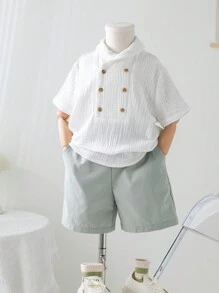 青少年男孩2件式休閒大學風簡約舒適百搭短袖雙排扣立領襯衫和短褲套裝，適合日常穿著、學校、旅行、運動、春夏季 - 綠色 - 查看 1