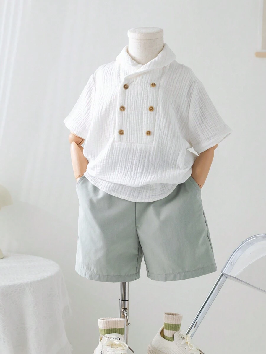 青少年男孩2件式休閒大學風簡約舒適百搭短袖雙排扣立領襯衫和短褲套裝,適合日常穿著、學校、旅行、運動、春夏季 - 綠色 - 查看 1