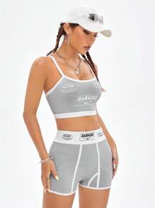 SHEIN EZwear 撞色飾邊吊帶短版上衣和短褲套裝 - 灰色 - 查看 5