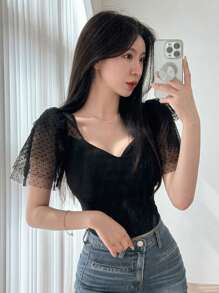 DAZY 女士夏季甜心領波點網紗荷葉短袖修身T恤