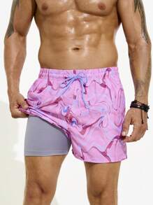 Arcluno Men Tie-Dye Printed Drawstring Waist Beach Shorts For Vacation - Pink - View 3