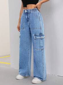 SHEIN ICON 女士工裝寬鬆休閒牛仔褲，有口袋 - 淺色水洗藍 - 查看 4