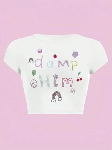 SHEIN EZwear Y2K Graffiti Printed Personalized Girl Round Neck Short Sleeve T-Shirt - White - View 1