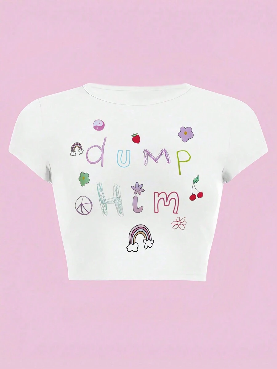 SHEIN EZwear Y2K Graffiti Printed Personalized Girl Round Neck Short Sleeve T-Shirt - White - View 1