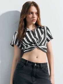 Maija 條紋扭結前扣短袖襯衫 - 彩色 - 查看 6