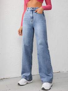 SHEIN Unity Pantalones de mezclilla básicos para mujeres con decoración de botones de unicolor para uso diario - Azul lavado medio - Ver 6