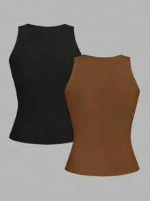 SHEIN EZwear 2 piezas Camiseta ajustada casual y sexy de cuello redondo para mujer, adecuada para el verano