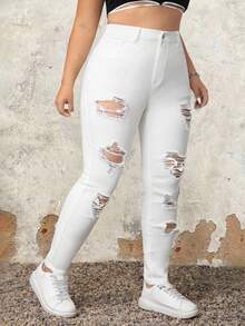 SHEIN ICON Plus Size Đau khổ Màu trơn Đơn giản Hàng ngày Tối giản Quần jean phù hợp - trắng - Xem 4