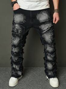 SHEIN Tween Boy Moda Casual Design Sense Rough Edge Quadrado Triângulo Corte Preto Denim Fit Com Jeans Elástico Para Uso Diário E Outono Roupas Infantis