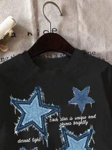SHEIN Leap Crew Kleine Mädchen lässiges T-Shirt mit Fünf-Sterne-Muster und kurzen Ärmeln, geeignet für den Sommer