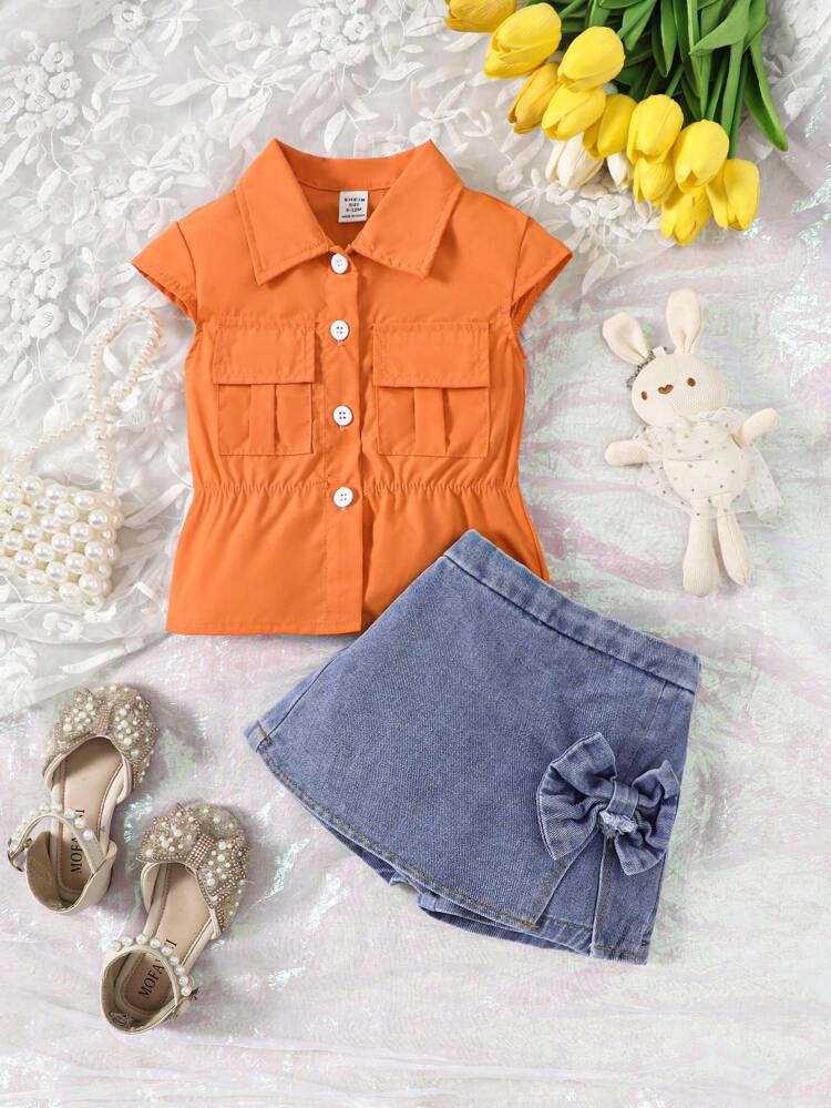 Baby Girl Summer Crew Neck Shirt With Pocket & Loose Fit Short Sleeves And Bow Detail Decorated Split Hem Skort Set