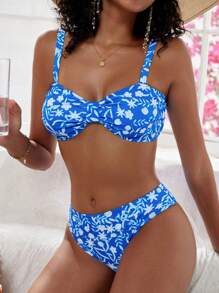 SHEIN Swim 女性夏季沙灘時尚花卉印花沙灘度假比基尼套裝 - 藍色 - 查看 5