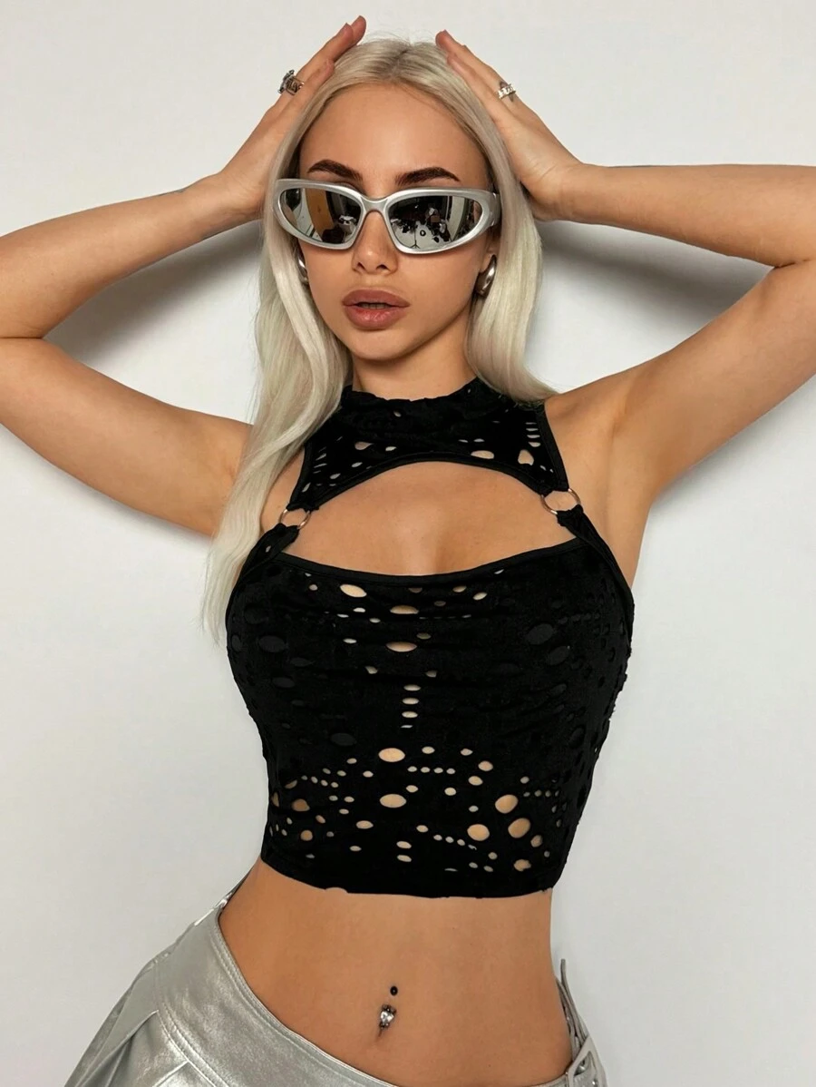 SHEIN ICON Women's Y2k Summer Concert Outfits Rave Solid Color Hollow Out Cropped Knitted Camisole Black Top - Black - View 1